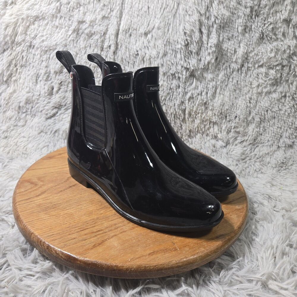 Nautica Black Waterproof Rain Boots Womens Size 10 Ankle Top Pull On Lurex Shoes